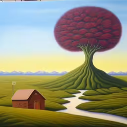 an oil painting with a tree on top of it,a painting of a tree on a hill with a house in the foreground,a painting on display, with a red tree, and stream,a painting of a tree that looks like it is in the middle of the air,this is an acrylic painting of a house and tree in a landscape
