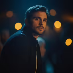 a man in black looking into the camera