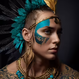 a woman with a blue and green painted face