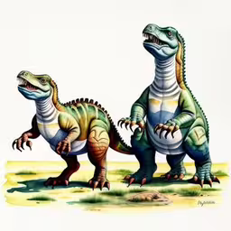 two large dinosaurs standing next to each other on a field