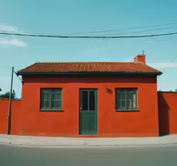 a bright red building has a green door