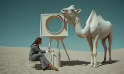 the woman sits next to a white camel