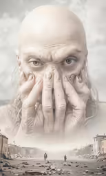 a woman covered with both hands is shown with the image of a man