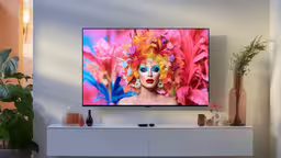 an image of a beautiful lady on tv,the flat screen tv has been displayed on the entertainment center