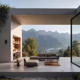 the lounge room is outside overlooking mountains and a lake