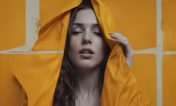 a woman covered by yellow cloths standing in front of a brick wall
