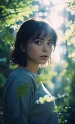 a woman with brown hair standing under trees