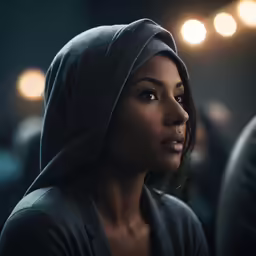 a young woman with a hooded sweatshirt looking in to the distance