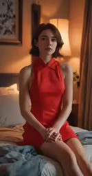 woman in red dress sitting on a bed
