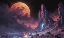 a landscape with mountains, rocks and a giant bright orange ball