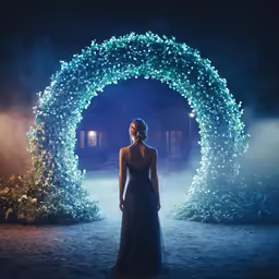 a woman standing in a dark archway in a dress