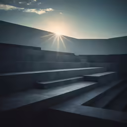 the sun shines bright through some concrete stairs