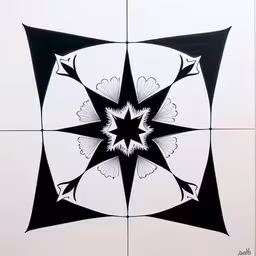 this is a black and white pattern on the wall,a white tile with a black and white graphic pattern