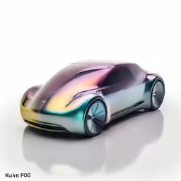 a futuristic car with a rainbow painted body