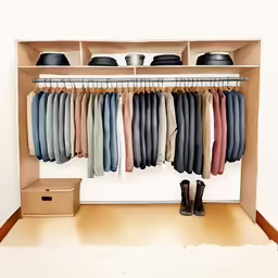 a closet with some different coats and shoes on it