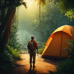 a man standing next to a tent in a forest,the man walks toward the tent in the forest