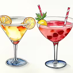 a watercolor drawing of two beverages,two glasses of alcoholic beverages are shown in watercolors