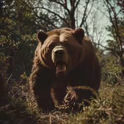 a brown bear with its mouth open walking through the woods