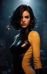 the woman is in a black leather suit