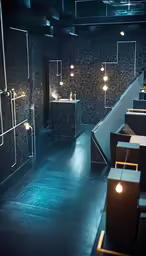 a view from behind of a room, including shelves with candles and vases