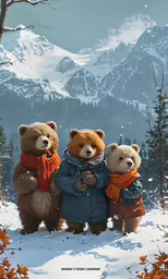 three teddy bears pose for a portrait in the snow