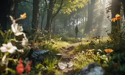 a person running through a park with lots of wild flowers
