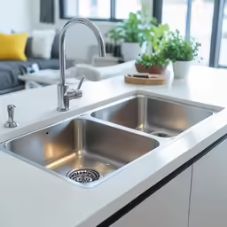 a kitchen with white counter top and large, modern sinks