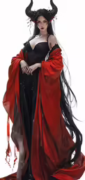 a woman in a long black gown with red hair and horns