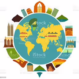the world with buildings around it in different colors royalty,a colorful map with different countries on it