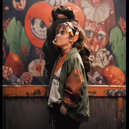 a young girl wearing an unzipped bomber jacket and a messy ponytail with a pair of rubber gloves on