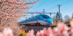 a blue and white train traveling past tall tree