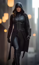 the action figure is dressed in leather and has her own hoodie