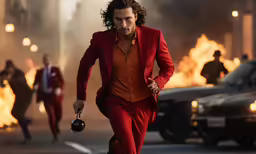 a man in a red suit is walking down the street