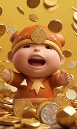 a baby is in the middle of some gold coins