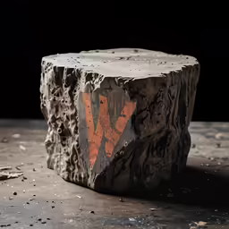 a rock with an orange arrow on it on top of concrete