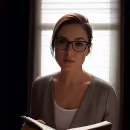 a woman wearing glasses holding an open book