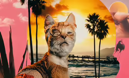 a woman taking a selfie of her cat with palm trees in the background