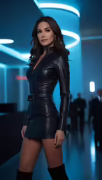 a woman with an amazing leather outfit standing in a blue room