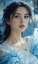 a girl in a blue gown with a flowing hair style