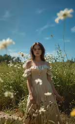 a woman is in a field full of wildflowers