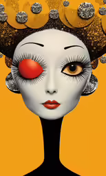 the face of a woman with white make up and orange background
