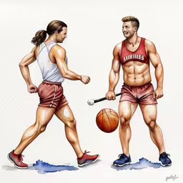 an image of a man and woman playing with a ball,watercolor painting of two men with different body types,a man and a woman playing ball together,a man and woman holding a basketball and basketball hoop,a painting of two men in bathing suits, one with a basketball