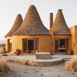 an adobe style house with some big straw roof