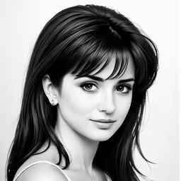 a girl with long hair is shown in black and white