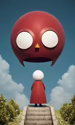 a large red bird standing next to a stairs