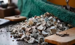 the pile of rocks are next to the cutting board