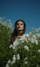 a girl looking down from white flowers on a sunny day