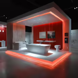this bathroom is made with white and red furniture