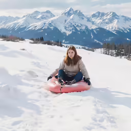 a woman sitting on top of a snow covered slope