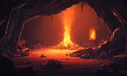 a fire is emitting from a hot lava in an underground cave